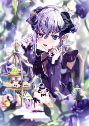 Rule 34 | &gt; &lt;, + +, 1girl, berry, blueberry, cake, cake slice, cat, crystal, dessert, flower, food, fork, frilled sleeves, frills, fruit, gem, grapes, hair between eyes, hands up, highres, holding, holding fork, horn ornament, horns, jewelry, lens flare, long sleeves, necklace, open mouth, pastry, peach punch, pearl necklace, purple eyes, purple flower, purple gemstone, purple hair, purple rose, rose, sheep, sidelocks, smile, solo, tiered tray