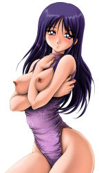 Rule 34 | 1girl, akahira kirin, blue hair, blush, breasts, breasts out, casual one-piece swimsuit, crossed arms, floral print, highleg, highleg swimsuit, kurusugawa ayaka, large breasts, nipples, one-piece swimsuit, purple eyes, purple hair, signature, simple background, smile, solo, swimsuit, to heart, to heart (series)