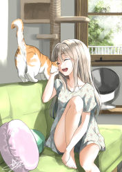 Rule 34 | 1girl, :d, bare legs, barefoot, cat, cat tower, closed eyes, collarbone, commentary request, couch, day, dress, grey dress, highres, indoors, knee up, long hair, on couch, open mouth, original, petting, pillow, short hair, signature, silver hair, sitting, smile, solo, soragane (banisinngurei), window