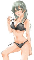 Rule 34 | 1girl, absurdres, black bra, black hair, black panties, bra, breasts, cleavage, grey eyes, hair ornament, hairclip, highres, kantai collection, maonatten, medium breasts, one-hour drawing challenge, oyashio (kancolle), panties, simple background, solo, twitter username, underwear, underwear only, white background