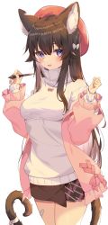 Rule 34 | 1girl, absurdres, animal ear fluff, animal ears, bandaid, blue eyes, breasts, brown hair, cat ears, cat girl, cat tail, commentary request, hat, highres, holding, holding stylus, jacket, jun (aousa0328), long hair, looking at viewer, medium breasts, original, pink jacket, red hat, simple background, solo, stylus, sweater, tail, thighs, turtleneck, turtleneck sweater, white background, white sweater