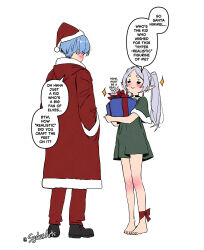 1boy 1girl ankle_bow ankle_ribbon barefoot blush bow capelet closed_mouth dress english_text facing_another frieren fur-trimmed_jacket fur_trim gift green_capelet green_dress grey_hair hat highres himmel_(sousou_no_frieren) holding holding_gift jacket long_hair red_bow red_hat red_jacket ribbon santa_hat shoes short_dress short_hair smile sousou_no_frieren speech_bubble standing sydus twintails