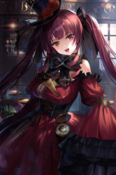 Rule 34 | 1girl, absurdres, bare shoulders, bow, breasts, chandelier, cleavage, corset, detached sleeves, dress, flower, gothic lolita, hair ribbon, hat, heterochromia, highres, hololive, houshou marine, houshou marine (gothic lolita), large breasts, lens flare, lolita fashion, long hair, mamima, mini hat, mini top hat, open mouth, pocket watch, red dress, red eyes, red hair, ribbon, rose, see-through, see-through cleavage, smile, solo, table, top hat, twintails, virtual youtuber, watch, window, yellow eyes