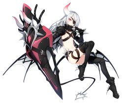 Rule 34 | 1girl, black legwear, boots, bracelet, closers, demon girl, demon tail, demon wings, eyepatch, heart, heart tail, horns, jewelry, looking at viewer, luna aegis (closers), nail polish, red eyes, shield, shoulder spikes, silver hair, single horn, solo, spiked boots, spiked bracelet, spiked tail, spikes, tail, transparent background, wings