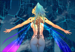 Rule 34 | 1girl, android, ariverkao, ass, backbone, blue hair, breasts, cyborg, flying, large breasts, no pussy, nude, original, solo, spine, wings