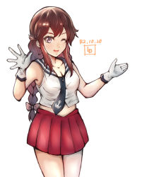 Rule 34 | 1girl, anchor symbol, artist logo, black sailor collar, braid, breasts, brown hair, commentary request, cowboy shot, dated, gloves, green eyes, highres, kantai collection, ld (luna dial398), long hair, looking at viewer, medium breasts, midriff, necktie, noshiro (kancolle), one-hour drawing challenge, pleated skirt, red skirt, sailor collar, school uniform, serafuku, shirt, simple background, skirt, sleeveless, sleeveless shirt, solo, standing, swept bangs, twin braids, white background, white gloves