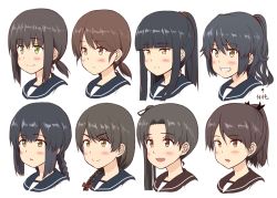 Rule 34 | &gt;:), 10s, 6+girls, :&lt;, :d, :o, alternate hair length, alternate hairstyle, ayanami (kancolle), blush, bow, braid, brown eyes, brown hair, commentary request, fubuki (kancolle), green eyes, grin, hair bow, hatsuyuki (kancolle), head, ichikawa feesu, isonami (kancolle), kantai collection, long hair, miyuki (kancolle), multiple girls, open mouth, ponytail, sailor collar, shikinami (kancolle), shirayuki (kancolle), side ponytail, sidelocks, simple background, smile, translated, triangle mouth, uranami (kancolle), v-shaped eyebrows, white background