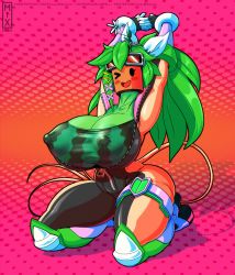 Rule 34 | 1girl, arms up, blaster master zero, blaster master zero 2, blush, breasts, cleavage, collarbone, colored skin, covered erect nipples, flower, green skin, huge breasts, kanna (blaster master zero), kneeling, llmixll, looking at viewer, monster girl, plant girl, solo, tail, thick thighs, thighs, wings, zipper