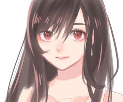 Rule 34 | 1girl, black hair, closed mouth, earrings, final fantasy, final fantasy vii, hair between eyes, jewelry, long hair, looking at viewer, portrait, red eyes, simple background, smile, solo, tifa lockhart, toufu (toufu 53), upper body, white background