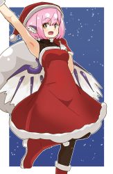 Rule 34 | 1girl, absurdres, animal ears, arm up, armpits, be yu, bird ears, bird wings, black thighhighs, boots, border, brown eyes, dress, gloves, hair between eyes, hat, highres, holding, holding sack, mystia lorelei, open mouth, pink hair, pom pom (clothes), red dress, red footwear, red gloves, red hat, sack, santa costume, santa hat, short hair, smile, solo, thighhighs, touhou, white border, white wings, wings