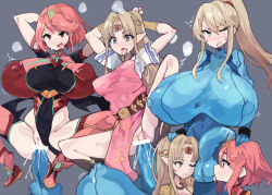 Rule 34 | 3girls, absurdres, arms behind head, arms up, bar censor, blonde hair, blue eyes, blush, bodysuit, breasts, bulge, censored, erection, erection under clothes, futa with female, futanari, hand on another&#039;s head, highres, huge breasts, kemomoz1, large penis, licking, long hair, medium breasts, medium hair, metroid, multiple girls, nintendo, nipples, one eye closed, penis, pink hair, ponytail, princess zelda, pussy juice, pyra (xenoblade), red eyes, samus aran, sex, testicles, the legend of zelda, tongue, tongue out, vaginal, veins, veiny penis, xenoblade chronicles (series), xenoblade chronicles 2
