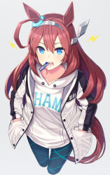 Rule 34 | 1girl, ahoge, animal ears, battery, blue eyes, blue pants, brand name imitation, brown hair, cowboy shot, cropped legs, grey background, hairband, hands in pockets, highres, hood, hood down, hoodie, horse ears, horse girl, horse tail, itou (onsoku tassha), jacket, long hair, looking at viewer, mihono bourbon (umamusume), mouth hold, open mouth, panasonic corporation, pants, simple background, solo, tail, teeth hold, umamusume, white hoodie