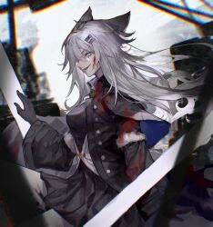 Rule 34 | 1girl, animal ears, arknights, black gloves, black jacket, black skirt, blood, blood on clothes, blood on face, buttons, chromatic aberration, collared jacket, cowboy shot, crack, floating hair, from side, fur-trimmed jacket, fur trim, gloves, grey hair, hair between eyes, hair ornament, hairclip, hand up, highres, jacket, lappland (arknights), long hair, moriiii, open mouth, skirt, slit pupils, smile, solo, standing, white eyes, wide sleeves, wolf ears