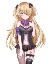 Rule 34 | 1girl, absurdres, armband, black garter straps, black panties, black ribbon, black thighhighs, blonde hair, blush, bow, breasts, eyepatch, fischl (genshin impact), fishnet thighhighs, fishnets, garter straps, genshin impact, green eyes, highres, light frown, long hair, looking at viewer, navel, panties, purple bow, ribbon, simple background, single leg pantyhose, single thighhigh, small breasts, solo, thigh strap, thighhighs, two side up, underwear, very long hair, white background, yshnc22