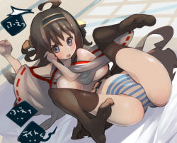 Rule 34 | 10s, 12 (xaenedju), 1girl, ahoge, bad anatomy, bad id, bad pixiv id, blush, breasts, brown hair, detached sleeves, flexible, hairband, headgear, japanese clothes, kantai collection, kongou (kancolle), long hair, looking at viewer, lying, medium breasts, on back, open clothes, open mouth, panties, personification, solo, striped clothes, striped panties, sweatdrop, thighhighs, underwear, wide sleeves