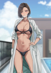 Rule 34 | 1girl, bikini, blurry, blurry background, blush, breasts, cigarette, cleavage, cloud, collarbone, duplicate, gluteal fold, hand on own hip, kesoshirou, large breasts, long coat, long sleeves, looking to the side, midriff, navel, original, outdoors, short hair, sky, solo, swimsuit, thighs