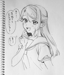 Rule 34 | 1girl, asymmetrical bangs, blush stickers, collared shirt, commentary request, cropped torso, fingernails, greyscale, hand on own chin, highres, long hair, looking at viewer, love live!, love live! sunshine!!, monochrome, neckerchief, nervous smile, no+bi=, open mouth, palms, photo (medium), puffy short sleeves, puffy sleeves, sailor collar, sailor shirt, sakurauchi riko, shirt, short sleeves, smile, solo, speech bubble, sweatdrop, teeth, traditional media, translation request, upper teeth only