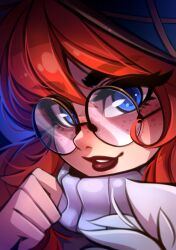 1girl absurdres aurora_(league_of_legends) blue_eyes freckles grey_sweater hand_up highres league_of_legends long_hair orange_hair parted_lips red_lips round_eyewear smile solo sweater teeth zackargunov