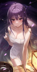 Rule 34 | 1girl, absurdres, arm support, bare arms, bare shoulders, blush, branch, breasts, chaerom, cleavage, closed mouth, collarbone, commentary request, falling petals, genshin impact, hair intakes, highres, holding, lamp, large breasts, light particles, long hair, looking at viewer, mole, mole under eye, naked towel, petals, purple hair, raiden shogun, ripples, sidelocks, solo, thighs, towel, water, wet, white towel