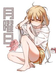 Rule 34 | 1girl, :t, alarm clock, bare shoulders, barefoot, blonde hair, brown eyes, clock, clothes pull, dot nose, feet, flat chest, full body, futaba anzu, hand on own head, highres, idolmaster, idolmaster cinderella girls, idolmaster cinderella girls starlight stage, kakaobataa, knee up, lifting own clothes, long hair, looking to the side, low twintails, messy hair, midriff peek, monday, navel, off shoulder, pout, shirt, shirt pull, short sleeves, shorts, sitting, solo, striped clothes, striped shorts, stuffed animal, stuffed rabbit, stuffed toy, toenails, toes, translated, twintails, two-tone shorts, very long hair, white background, white shirt