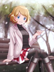 Rule 34 | 1girl, absurdres, black sweater, black thighhighs, blonde hair, blue eyes, blurry, blurry background, boots, brown footwear, creatures (company), earrings, game freak, grin, highres, jacket, jewelry, knee boots, long sleeves, looking at viewer, medium hair, miniskirt, nintendo, open clothes, open jacket, pleated skirt, pokemon, pokemon xy, red skirt, serena (pokemon), skirt, smile, snowing, solo, straight hair, sweater, swept bangs, thighhighs, two-tone skirt, white jacket, white skirt, zeki231, zettai ryouiki