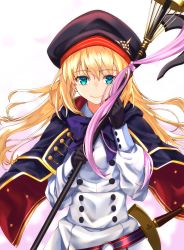 Rule 34 | 1girl, absurdres, artoria caster (fate), artoria caster (second ascension) (fate), artoria pendragon (fate), beret, black gloves, blonde hair, blue eyes, bow, capelet, fate/grand order, fate (series), gloves, hat, highres, long hair, smile, solo, staff, sword, weapon, yu sa1126