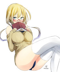 Rule 34 | 10s, 1girl, 2014, ahoge, bad id, bad pixiv id, bare shoulders, blonde hair, blue eyes, book, breasts, covering own mouth, covering privates, dated, glasses, i-8 (kancolle), kantai collection, large breasts, long hair, nekobaka, one-piece swimsuit, red-framed eyewear, ribbed sweater, school swimsuit, solo, sweater, swimsuit, swimsuit under clothes, thighhighs, white background, white thighhighs