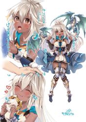 Rule 34 | 1girl, 218, ahoge, armor, armored boots, armored dress, blue dress, blush, boots, breasts, closed mouth, commentary request, dark-skinned female, dark skin, dragon, dress, eating, closed eyes, food, granblue fantasy, hair between eyes, happy, long hair, looking at viewer, medium breasts, multiple views, open mouth, orange eyes, thighhighs, translation request, very long hair, white hair, zooey (granblue fantasy)