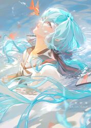 Rule 34 | 1girl, absurdres, animal, artist name, basho, black bow, black bowtie, black sailor collar, blue hair, bottle miku, bow, bowtie, commentary, fish, goldfish, hatsune miku, highres, long hair, looking at animal, parted lips, partially submerged, sailor collar, school uniform, shirt, solo, upper body, very long hair, vocaloid, water, watermark, white shirt