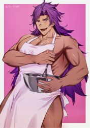 Rule 34 | 1boy, :d, absurdres, apron, bara, bhima (fate), bowl, cooking, dark-skinned male, dark skin, fate/grand order, fate (series), feet out of frame, food, food on body, food on face, food on pectorals, highres, large pectorals, long hair, male focus, muscular, muscular male, open mouth, pectoral cleavage, pectorals, pink apron, pink background, purple eyes, purple hair, sidepec, simple background, smile, solo, standing, thighs, tsurekun, v-shaped eyebrows, very long hair, whisk