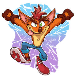Rule 34 | 1boy, absurdres, artist name, blue pants, brown gloves, clenched hands, crash bandicoot, crash bandicoot (series), dated, furry, furry male, gloves, green eyes, highres, looking at viewer, luchosfactory, pants, red footwear, shoes, solo, tongue, tongue out, watermark