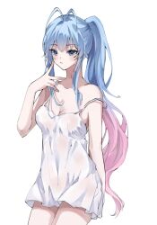 Rule 34 | 1girl, antenna hair, arm behind back, bare shoulders, blue hair, blush, camisole, closed mouth, cowboy shot, douluo dalu, gradient eyes, gradient hair, hand up, highres, index fingers raised, long hair, multicolored eyes, multicolored hair, solo, strap pull, tang wutong (douluo dalu), upper body, white background, white camisole, yao laoban