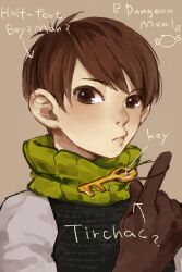 Rule 34 | 1boy, armor, arrow (symbol), brown eyes, brown gloves, brown hair, chilchuck tims, closed mouth, copyright name, dungeon meshi, english text, enne (shanyushanyu), gloves, green scarf, grey background, halfling, hand up, highres, index finger raised, key, looking at viewer, male focus, pout, scarf, shirt, short hair, solo, spinning, swept bangs, upper body, white shirt