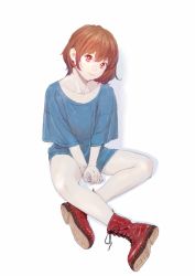 Rule 34 | 1girl, baggy clothes, bare legs, between legs, boots, brown hair, from above, hand between legs, head tilt, indian style, looking at viewer, original, own hands together, pale skin, peco (pockleberry), red eyes, red footwear, shirt, short hair, simple background, sitting, smile, solo, t-shirt, white background