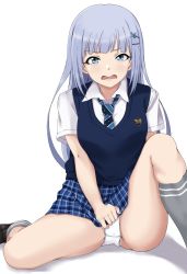 Rule 34 | 1girl, blue eyes, blue hair, covering crotch, covering privates, embarrassed, highres, honokakao, idolmaster, idolmaster million live!, idolmaster million live! theater days, light blue hair, long hair, necktie, panties, pantyshot, school uniform, shiraishi tsumugi, simple background, sitting, solo, summer uniform, summer uniform series (idolmaster), sweater vest, underwear, white background, white panties