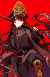 Rule 34 | 1girl, antique firearm, arquebus, belt, black hair, black hat, buttons, cape, double-breasted, dutch angle, fate/grand order, fate (series), firearm, from below, gloves, gun, hat, highres, holding, holding weapon, long hair, looking at viewer, military, military uniform, oda nobunaga (fate), oda uri, parted lips, peaked cap, red background, red eyes, solo, twintails, uniform, very long hair, weapon, white gloves, yui (tamagohan)