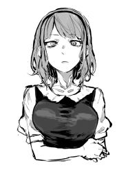 Rule 34 | 10s, 1girl, @ @, breasts, crossed arms, dagashi kashi, greyscale, kotoyama, looking at viewer, medium breasts, monochrome, shidare hotaru, short hair, simple background, solo, white background