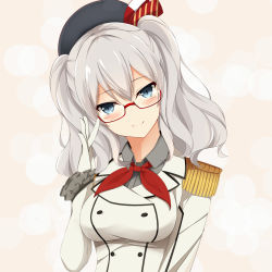 Rule 34 | 10s, 1girl, bad id, bad pixiv id, beret, blue eyes, breasts, buttons, cain (inosennto007), epaulettes, frilled sleeves, frills, glasses, hat, highres, kantai collection, kashima (kancolle), kerchief, large breasts, long sleeves, looking at viewer, military, military uniform, pink background, silver hair, solo, twintails, uniform, upper body, wavy hair
