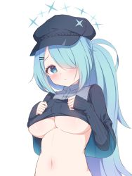 Rule 34 | 1girl, absurdres, black capelet, black hat, black shirt, blue archive, blue eyes, blue hair, blush, breasts, capelet, closed mouth, clothes lift, dae (dog-of-maou), hair ornament, hair over one eye, hairclip, hat, highres, hiyori (blue archive), large breasts, lifted by self, long hair, looking at viewer, navel, ponytail, shirt, shirt lift, simple background, sleeves past wrists, solo, sparkle, stomach, underboob, upper body, very long hair, white background
