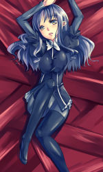 Rule 34 | 00s, 1girl, arms up, black jacket, blush, breasts, brown eyes, caren hortensia, fate/hollow ataraxia, fate/stay night, fate (series), jacket, large breasts, layered sleeves, long hair, long sleeves, looking at viewer, lying, mikage sekizai, on back, open mouth, pantyhose, ribbon, sidelocks, solo, thighhighs, white ribbon