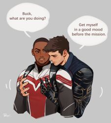 Rule 34 | 2boys, artist name, baicoco2, beard stubble, black bodysuit, blue jacket, bodysuit, brown eyes, brown hair, closed eyes, commentary, dark-skinned male, dark skin, english commentary, english text, facial hair, fingernails, grey background, hands up, jacket, james buchanan barnes, looking at another, male focus, marvel, marvel cinematic universe, multicolored bodysuit, multicolored clothes, multiple boys, open mouth, prosthesis, prosthetic arm, red bodysuit, sam wilson, short hair, simple background, speech bubble, standing, stubble, superhero costume, teeth, the falcon, the falcon and the winter soldier, v-shaped eyebrows, white bodysuit, yaoi