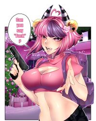 Rule 34 | 1girl, absurdres, ahoge, backpack, bag, bell, black pants, breasts, character doll, christmas, cleavage, cleavage cutout, clothing cutout, commentary, cropped shirt, demon girl, demon horns, english commentary, fangs, glock, gun, hair ornament, handgun, heart, heart ahoge, heart cutout, heart hair ornament, highres, holding, holding gun, holding weapon, horns, ironmouse, jingle bell, kyotarovt, large breasts, long hair, looking at viewer, medium hair, multicolored hair, navel, open mouth, pants, pink eyes, pink hair, pink shirt, purple bag, purple hair, shirt, streaked hair, virtual youtuber, vshojo, weapon