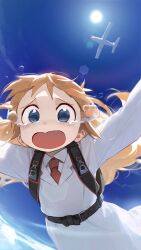 Rule 34 | 1girl, absurdres, aircraft, airplane, blonde hair, blue sky, cloud, crying, day, falling, highres, lab coat, logknn, long hair, midair, necktie, nichijou, outstretched arms, parachute, professor shinonome, sky, skydive, spread arms, streaming tears, sun, teardrop, tearing up, tears