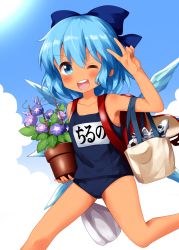 Rule 34 | 1girl, ;d, arm up, backpack, bag, ball, bare arms, bare legs, bare shoulders, blue bow, blue eyes, blue flower, blue hair, blue one-piece swimsuit, blue sky, blush, bow, character name, cirno, cloud, collarbone, commentary request, day, feet out of frame, flower, flower pot, hair between eyes, hair bow, highres, holding, holding flower pot, ice, ice wings, looking at viewer, name tag, one-piece swimsuit, one eye closed, open mouth, outdoors, purple flower, ruu (tksymkw), school swimsuit, short hair, sky, smile, soccer ball, solo, swimsuit, tanned cirno, thighs, touhou, translated, v, v-shaped eyebrows, wings