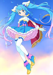 Rule 34 | 1girl, ankle boots, blue cape, blue dress, blue eyes, blue footwear, blue hair, blue sky, boots, brooch, cape, closed mouth, commentary, cure sky, day, detached sleeves, dress, earrings, fingerless gloves, floating, frilled dress, frills, fringe trim, gloves, gradient hair, highres, hirogaru sky! precure, jewelry, kazuma muramasa, long hair, looking at viewer, magical girl, multicolored hair, outdoors, petticoat, pink hair, precure, puffy detached sleeves, puffy sleeves, red cape, short dress, single earring, sky, sleeveless, sleeveless dress, smile, solo, sora harewataru, thighhighs, twintails, two-tone dress, very long hair, white dress, white gloves, white thighhighs, wind, wing brooch, wing hair ornament