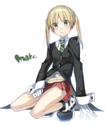 Rule 34 | &gt;:&lt;, 00s, 1girl, :&lt;, blonde hair, blush, boots, closed mouth, gloves, green eyes, long hair, looking at viewer, maka albarn, necktie, school uniform, skirt, solo, soul eater, twintails, v-shaped eyebrows