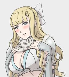 Rule 34 | 1girl, armor, blonde hair, blue eyes, blush, bow, breasts, charlotte (fire emblem), cleavage, female focus, fire emblem, fire emblem fates, grey background, hair ribbon, large breasts, long hair, looking at viewer, nintendo, ribbon, simple background, smile, solo, upper body