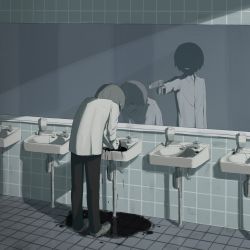 Rule 34 | 2boys, avogado6, basin, commentary, different reflection, gun, horror (theme), mirror, multiple boys, muted color, original, puddle, reflection, school uniform, shirt, smile, standing, tagme, toilet, washing hands, weapon
