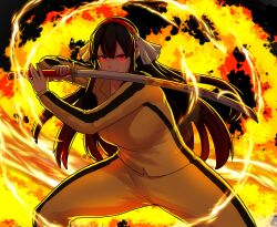 1girl backlighting beatrix_kiddo beatrix_kiddo_(cosplay) black_hair breasts cosplay cowboy_shot erkaz fiery_background fire glowing glowing_eyes highres holding holding_sword holding_weapon jumpsuit karinka_katyusha_(erkaz) large_breasts long_hair looking_at_viewer original red_eyes solo sword very_long_hair weapon yellow_jumpsuit