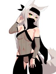 Rule 34 | animal ears, black headband, black legwear, black scarf, blush, breasts, chaps, covered mouth, cowboy shot, detached sleeves, fishnet armwear, fishnets, fox ears, fox tail, green eyes, grey hair, hand in own hair, hand up, head tilt, headband, highres, legs apart, leotard, long hair, looking at viewer, mask, medium breasts, mouth mask, nezuko, ninja, original, revealing clothes, scarf, see-through, simple background, slit pupils, solo, standing, tagme, tail, white background